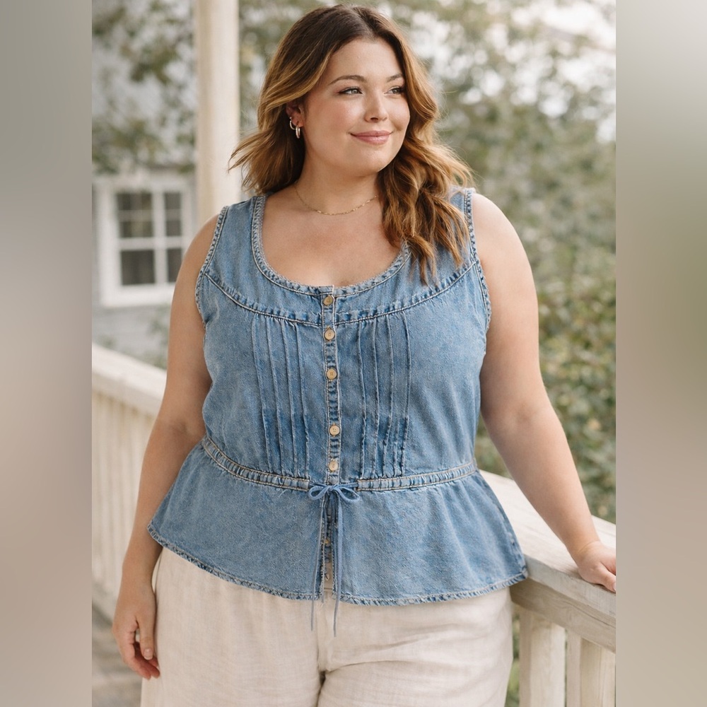 Denim Cottagecore Peplum Tank Top Coquette Pintuck Boho Button Front Plus